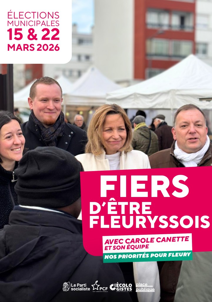 Première de couverture du document "Fiers d'être Fleuryssois" - Nos priorités pour Fleury. En photo, Carole Canette, Grégoire Chapuis, Bruno Lacroix et Laura Poncelet. 